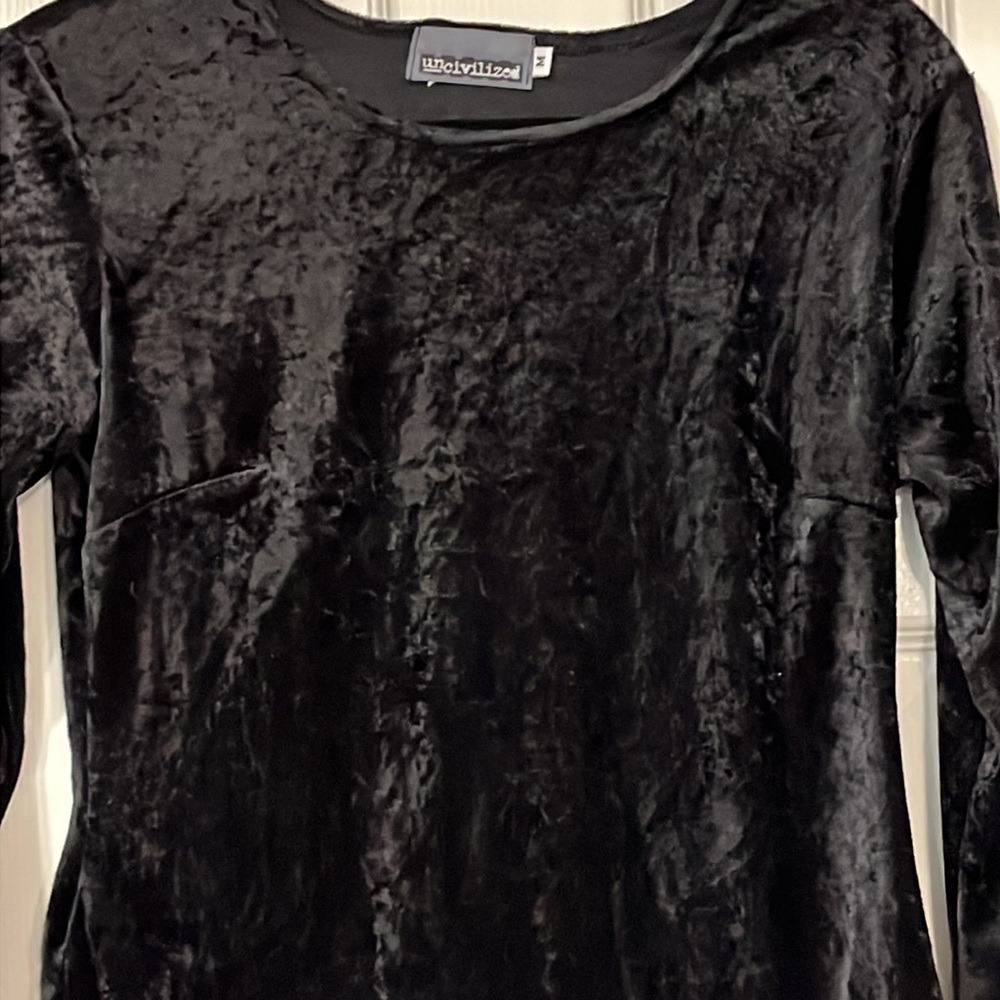 Uncivilized Black velveteen top. Size Medium.  Laser cut on bottom and sleeves